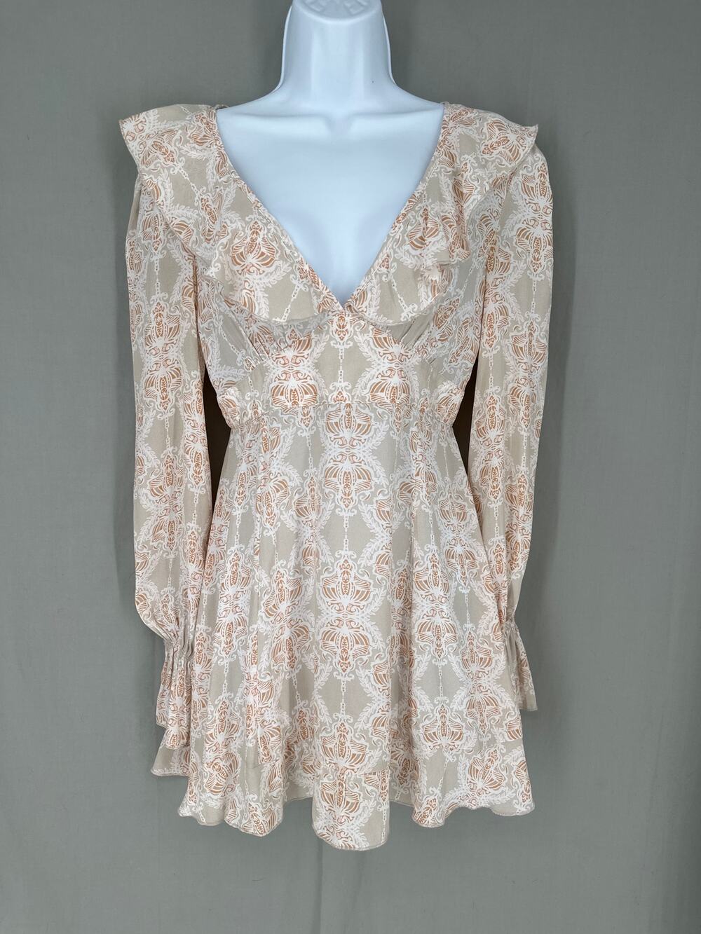 Free People Top Womens XS Beige Tunic Ruffle Boho Long Sleeve Fairy Bohemian